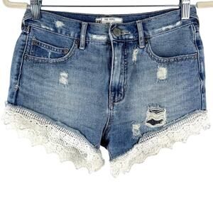 Free People Lacey Crochet Distressed Cutoff Jean Shorts 24 Boho Festival